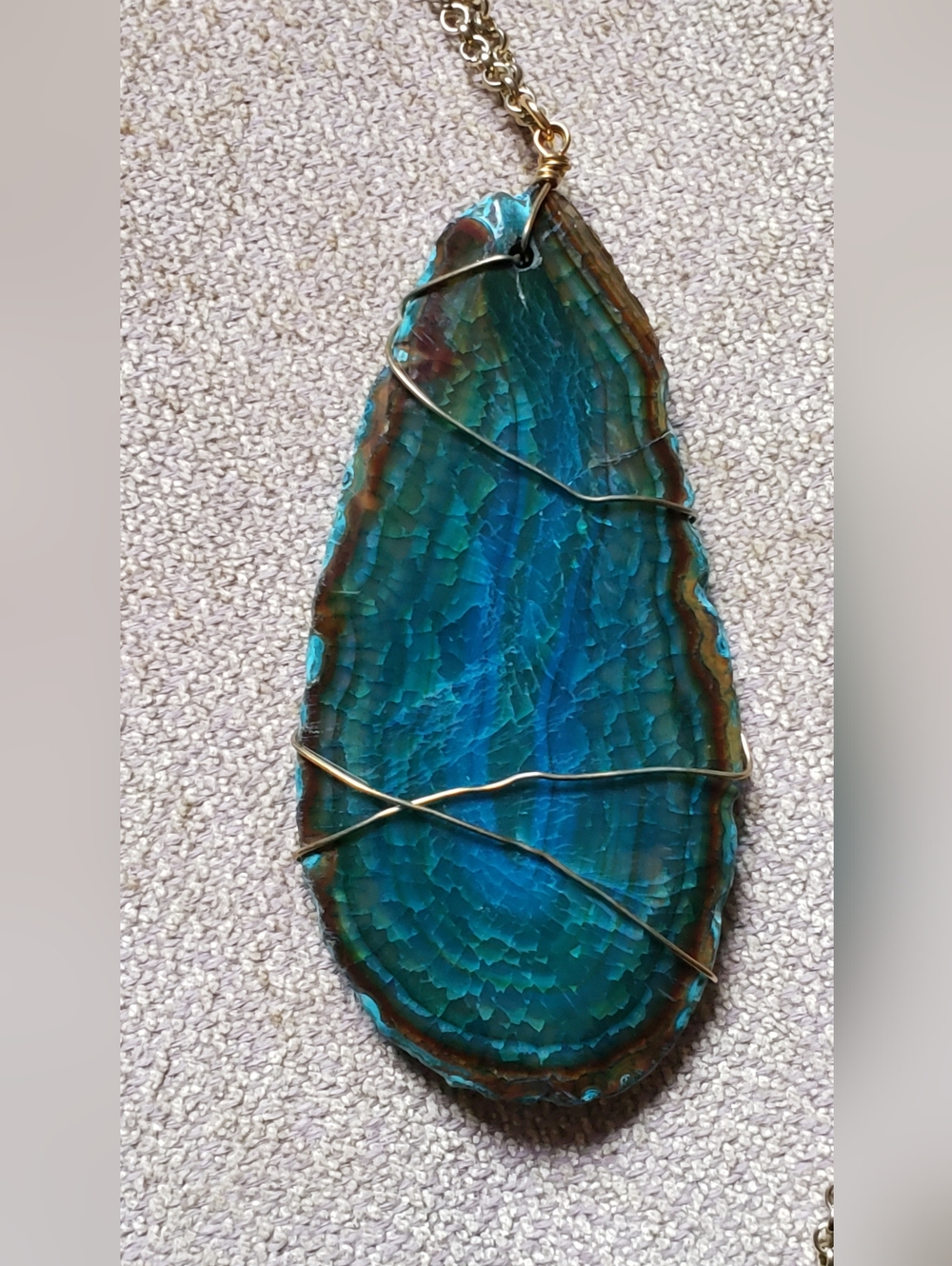 Handcrafted Blue Sliced Agate Wire-Wrap Pendant Necklace